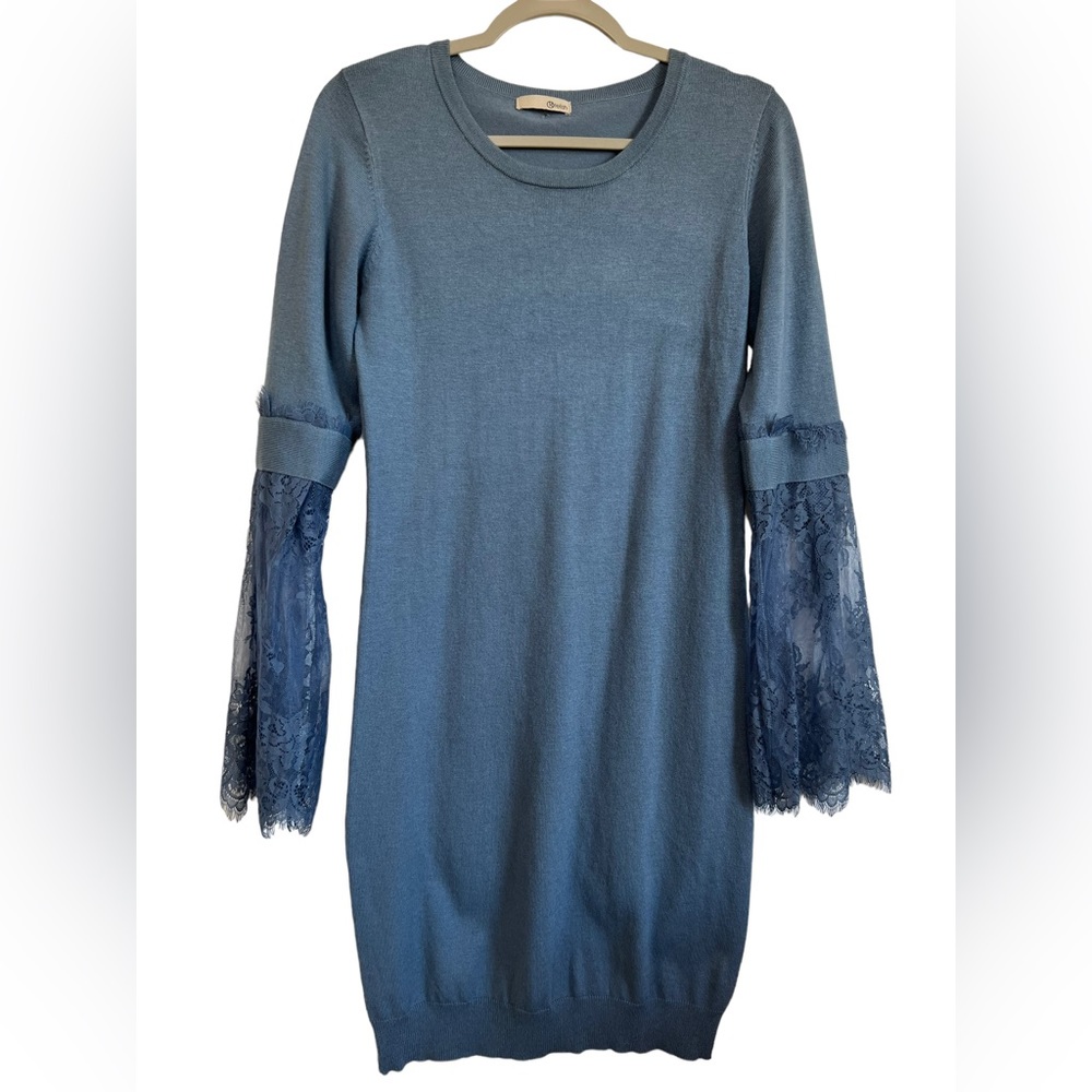 RELISH Blue Knit Long Sleeve Lace Detail Size Large